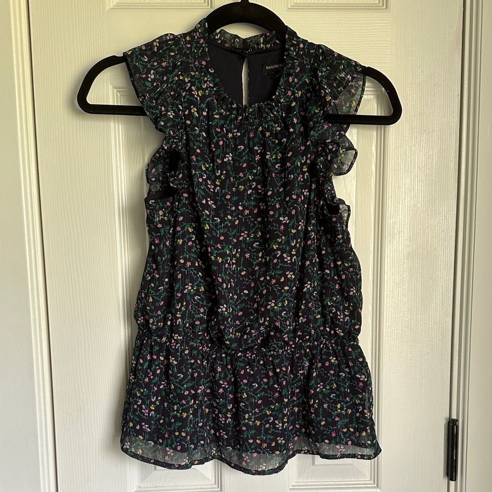 Banana Republic Navy Floral Ruffle Blouse